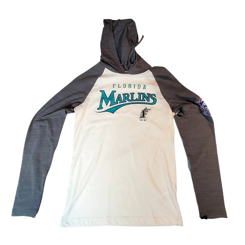 Florida Marlins Hoodie Baseball Raglan Long Sleeve Gray & White  Size S